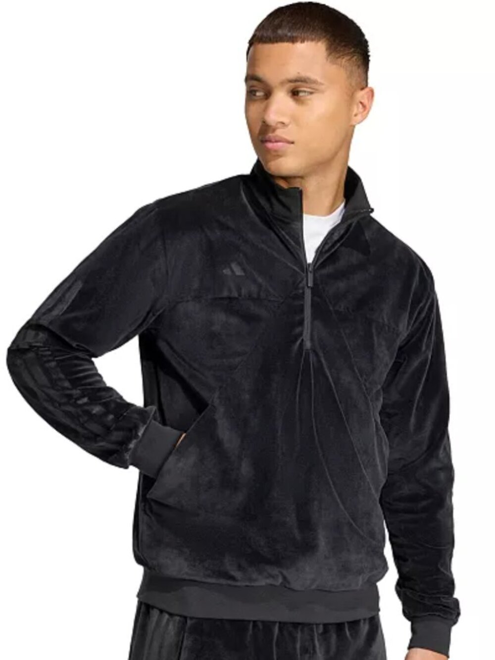 New Adidas VELOUR Half Zip TRACK Jacket Black Top Men’s Size L NWT